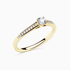 Anillo solitario San Francisco P en oro 18K con diamantes, brazo de diamantes y diamante interior
