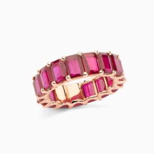 Anillo rivière Queen G en oro 18K con rubíes talla esmeralda de 10,32 quilates en total