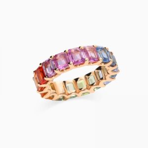 Anillo rivière Queen Rainbow G en oro 18K con 17 zafiros multicolor talla esmeralda y 9,18 quilates en total