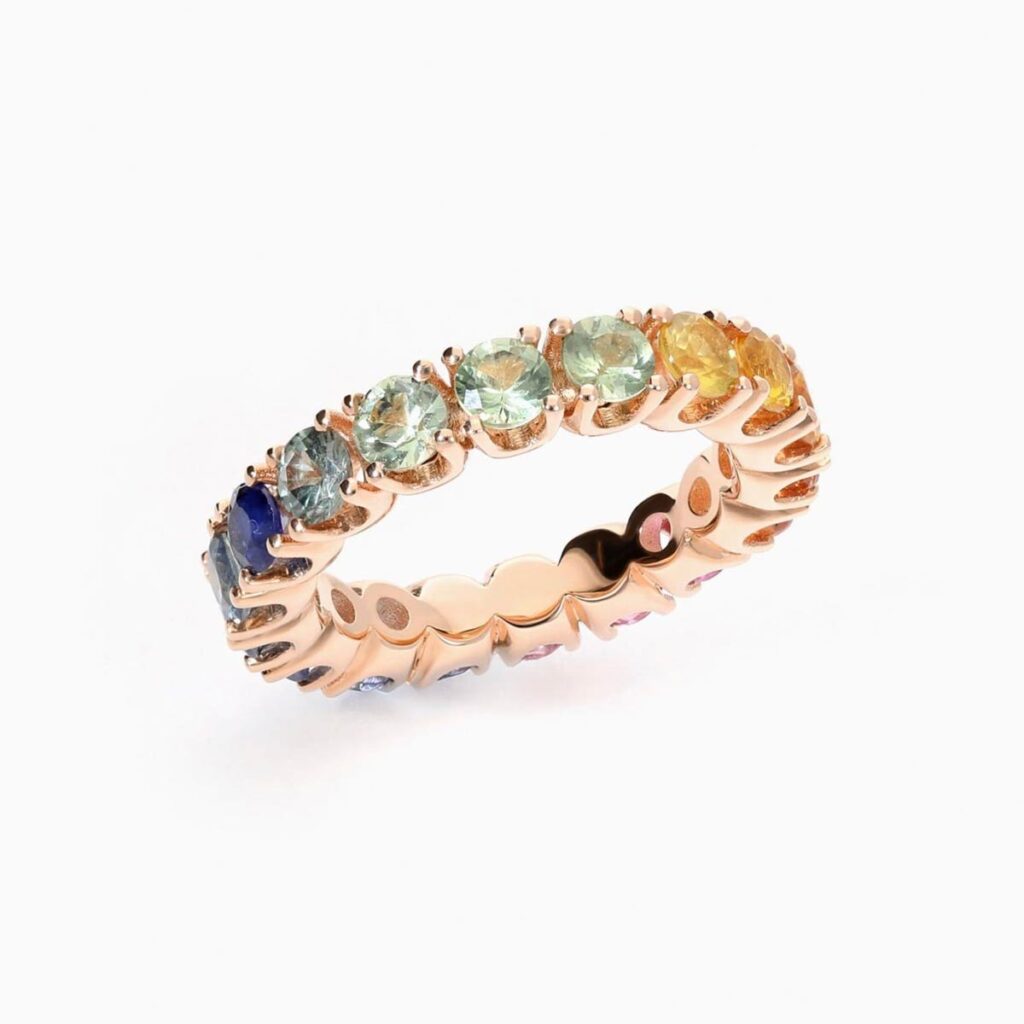 Anillo rivière Sephora G en oro 18K con 18 zafiros multicolor talla brillante y 3,90 quilates en total