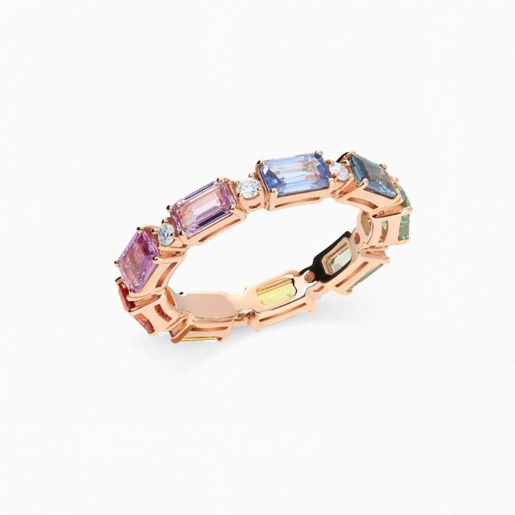 Anillo rivière Joy G zafiros multicolor en oro 18K con 9 zafiros talla octogonal y 9 diamantes