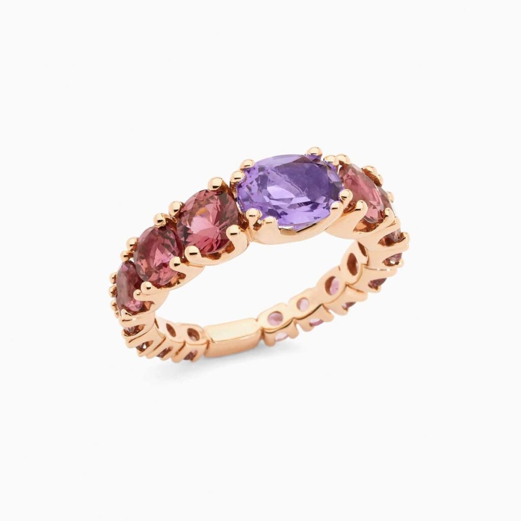 Anillo rivière Legrand A G en oro 18K con amatista y topacios rosas