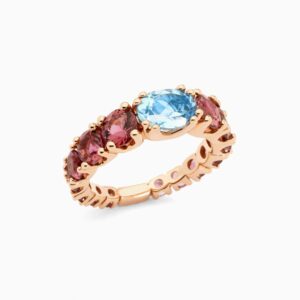 Anillo rivière Legrand E G en oro 18K con topacio central y turmalinas