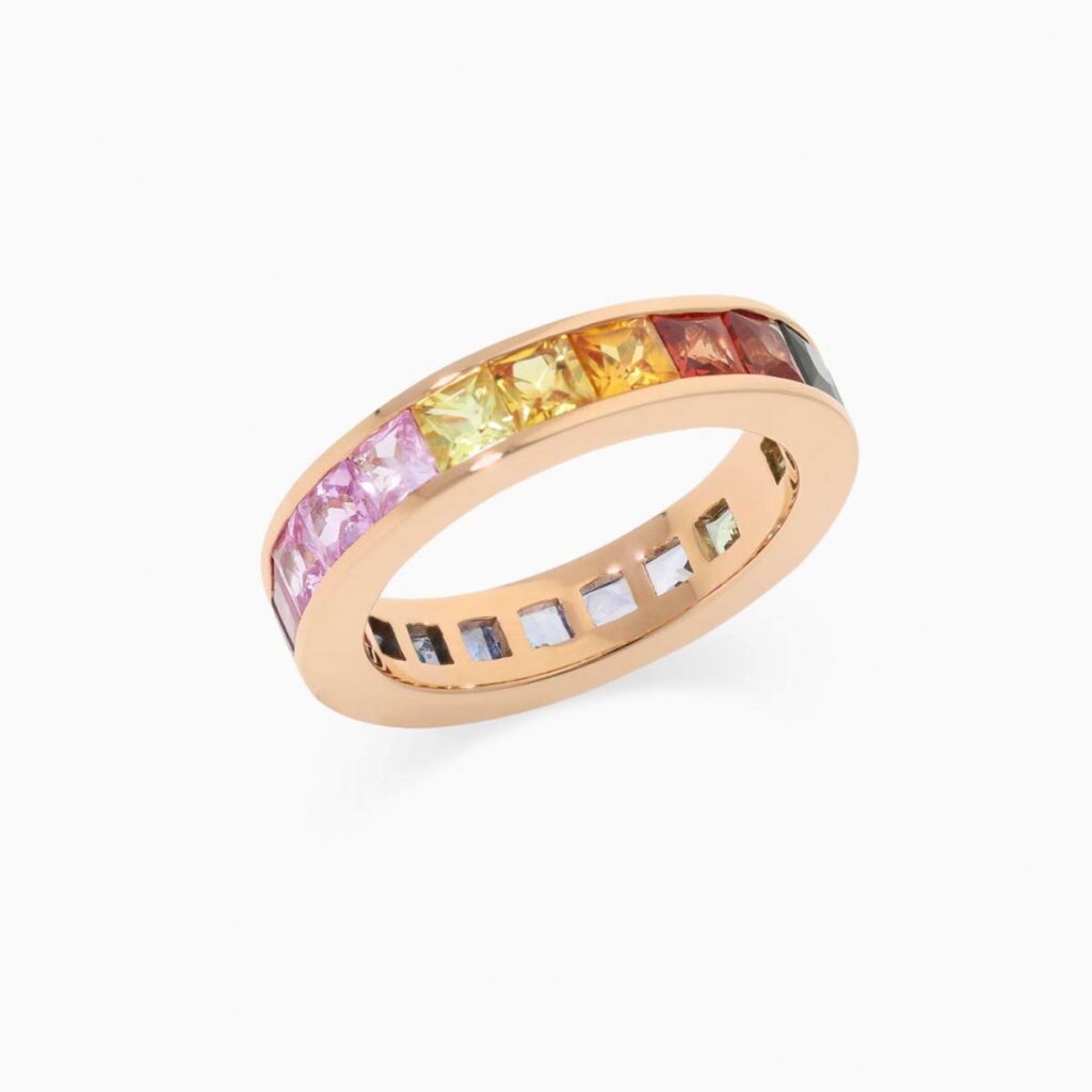 Anillo rivière Amelia G zafiros multicolor en oro 18K con 21 piedras talla princesa y 4,62 quilates en total